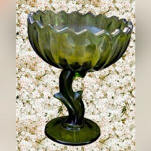 Vintage flower shaped green glass candy dish